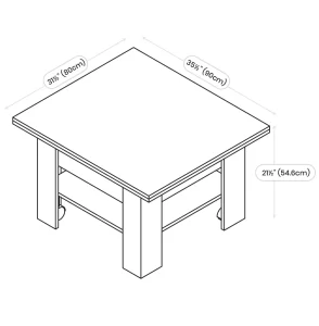 furniture innovation | A technical drawing of a square transforming table with dimensions labeled. The table measures 39 inches in length, 35.5 inches in width, and 21.5 inches in height. The table features a support structure beneath the tabletop, designed to accommodate the extension mechanism.