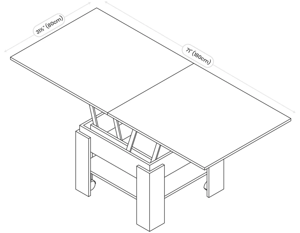 A technical drawing of a rectangular transforming table with dimensions labeled. The table expands to 90 inches in length and 39 inches in width. The design includes a supporting mechanism under the tabletop, which allows the table to extend and retract as needed.