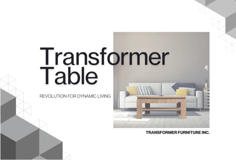 Transformer table in a modern living room, highlighting a compact coffee table in front of a sofa with colorful cushions. The text reads 'Transformer Table - Revolution for Dynamic Living' by Transformer Furniture Inc for furniture innovation